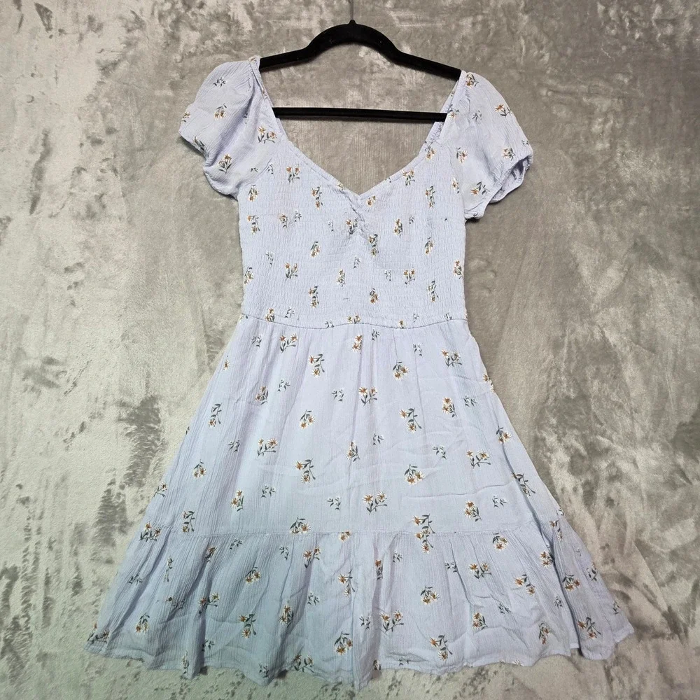 Hollister Kids Blue Floral Smocked Puff Sleeve Tiered Mini Dress Size M
